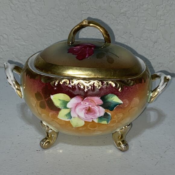 Vintage American Beauty Germany Creamer Sugar Bowl Set Hand Painted Rose Signed - Picture 3 of 15